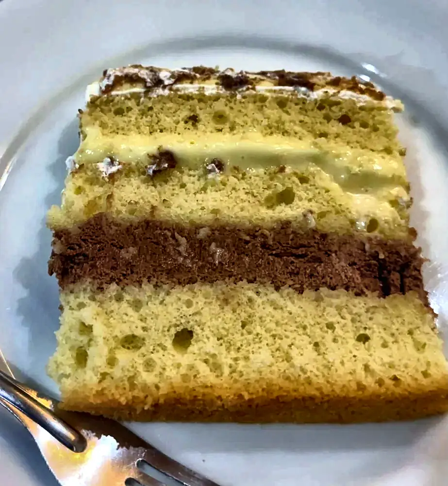 Fatia de bolo de festa em camadas com recheio de chocolate e creme